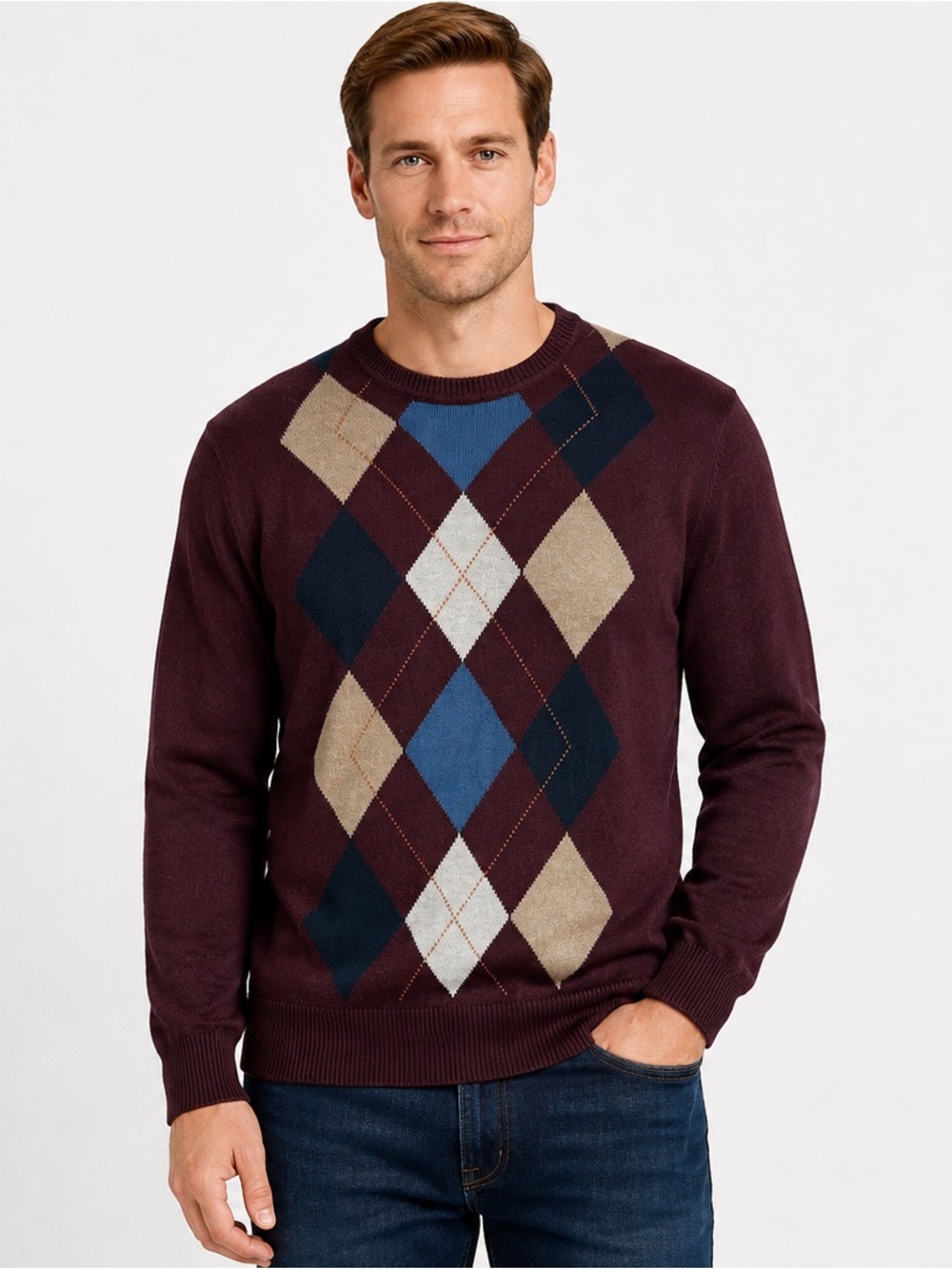 Haggar Argyle Cotton Crew Neck Sweater Burgandy Men's Size Large, NEW w/tags!